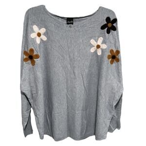 Aaeda Oversized Retro Sweater Size 2X Gray Felt Flowers Boho Hippie Relaxed Fit